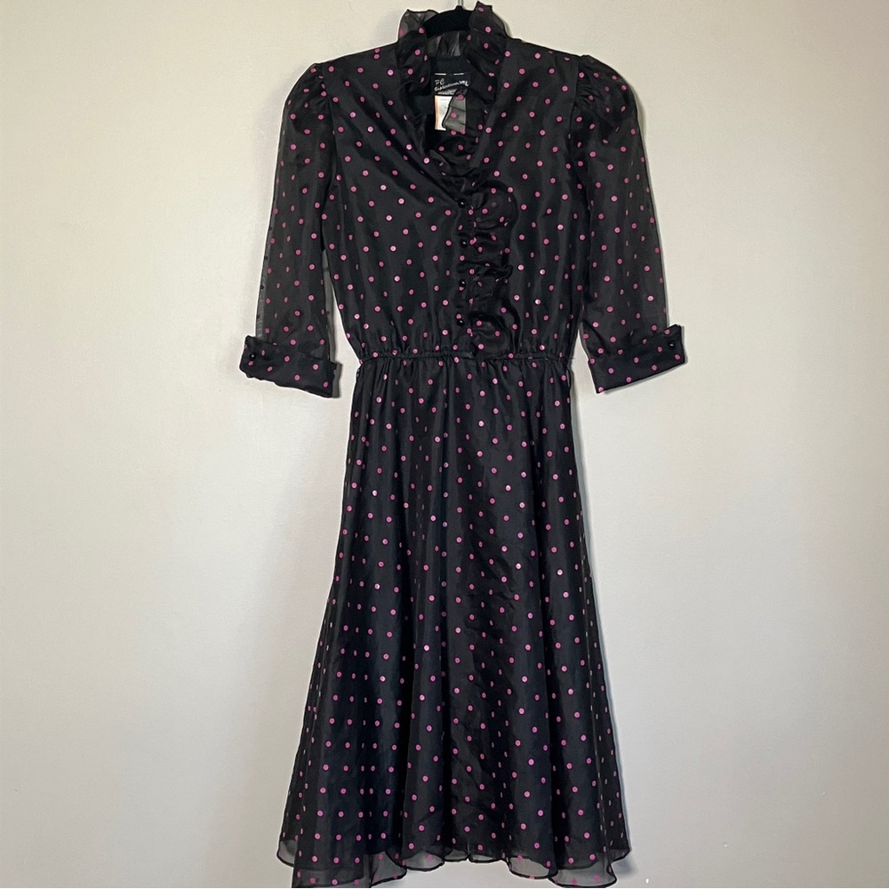 Vintage dress cocktail retro rockabilly long sleeve dress pink black polka dot